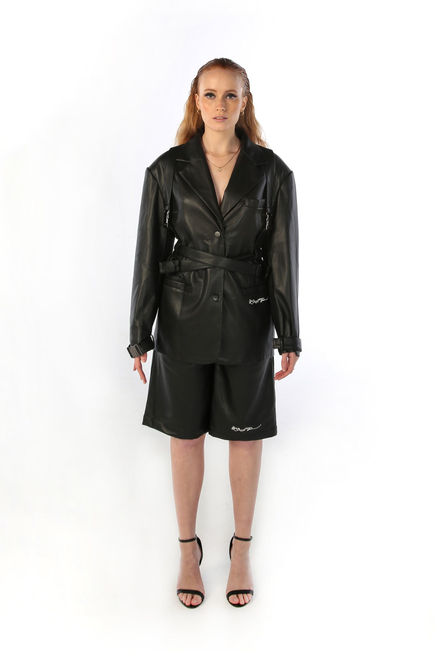 oversized black faux leather blazer womens