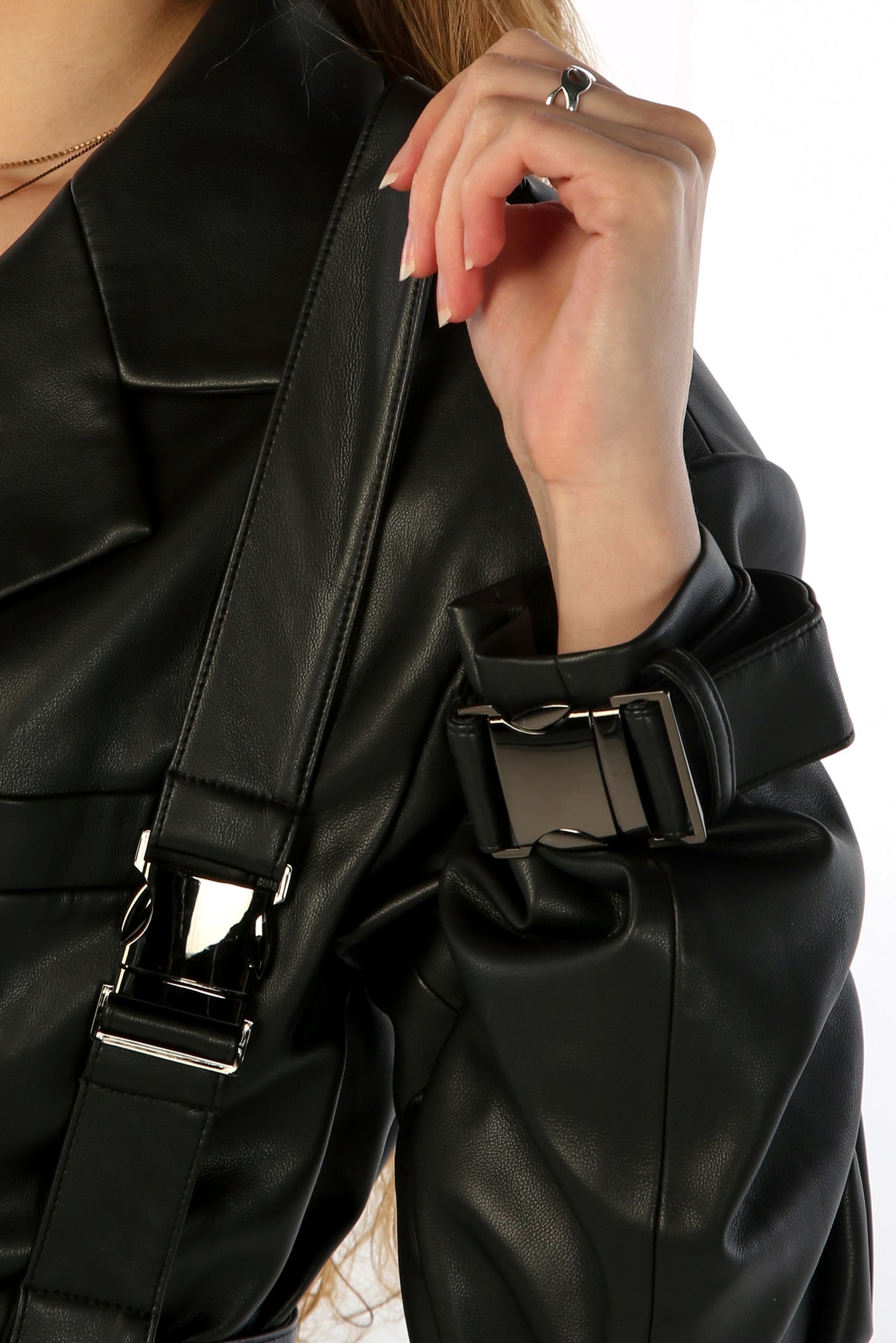 Ultra-soft oversized black faux leather blazer with buckled belt straps