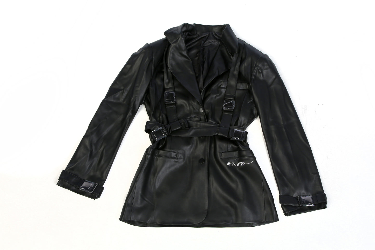 Ultra-soft oversized black faux leather blazer with buckled belt straps